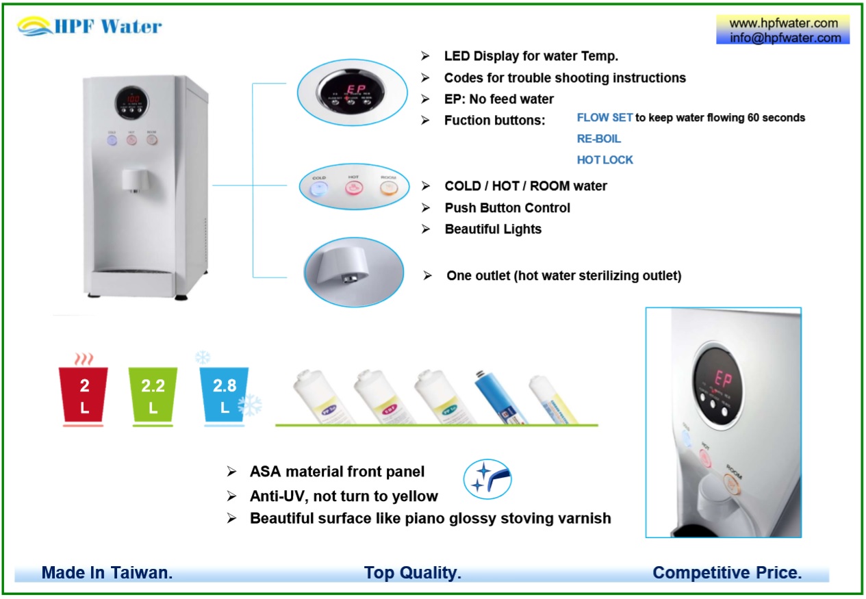 Counter Top Free Standing Hot Ambient Cold Water Dispenser made in Taiwan, Anti-UV front panel